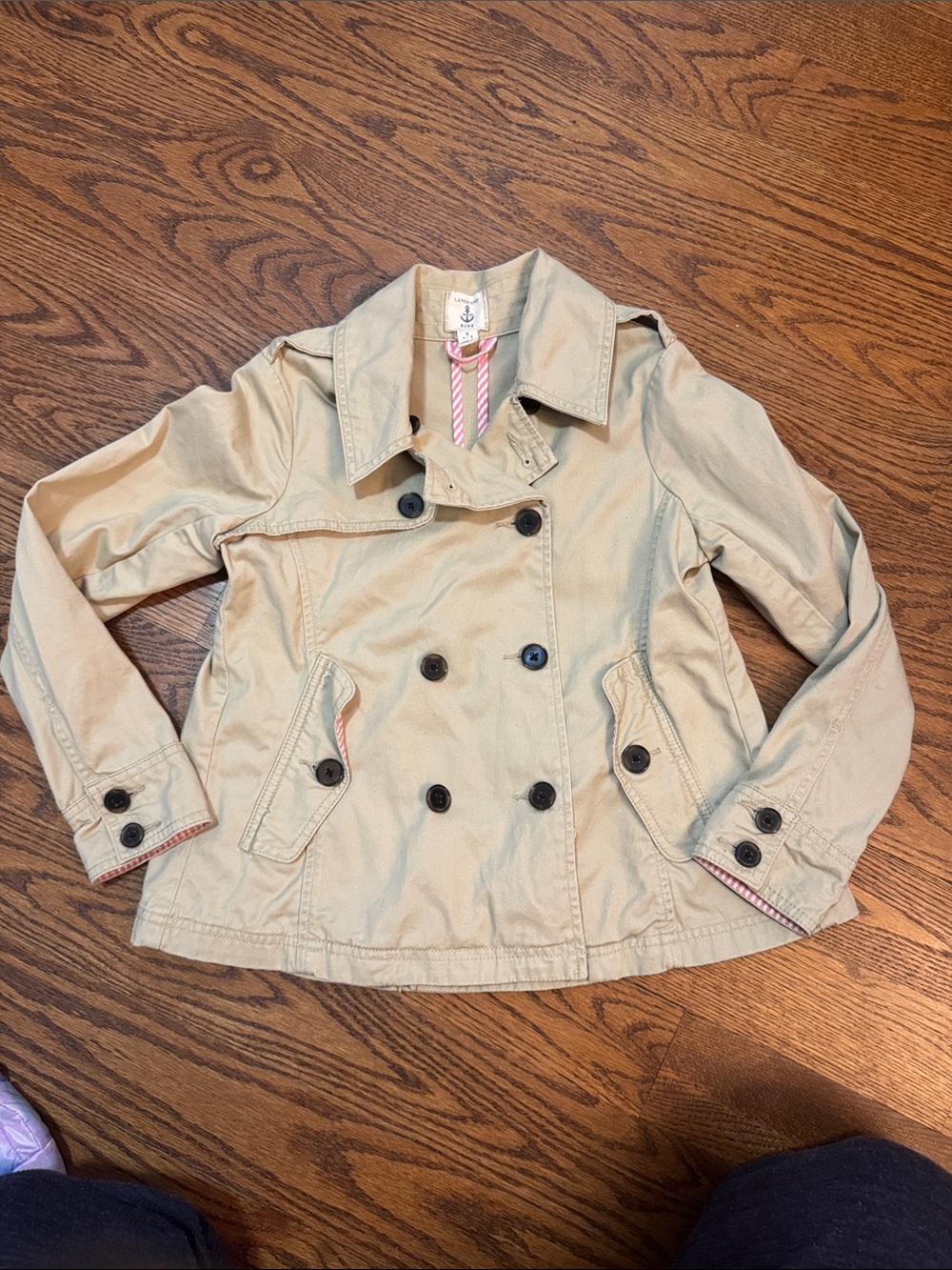 Lands' End Kids Tan Jacket with Pink & White Stripe Trim